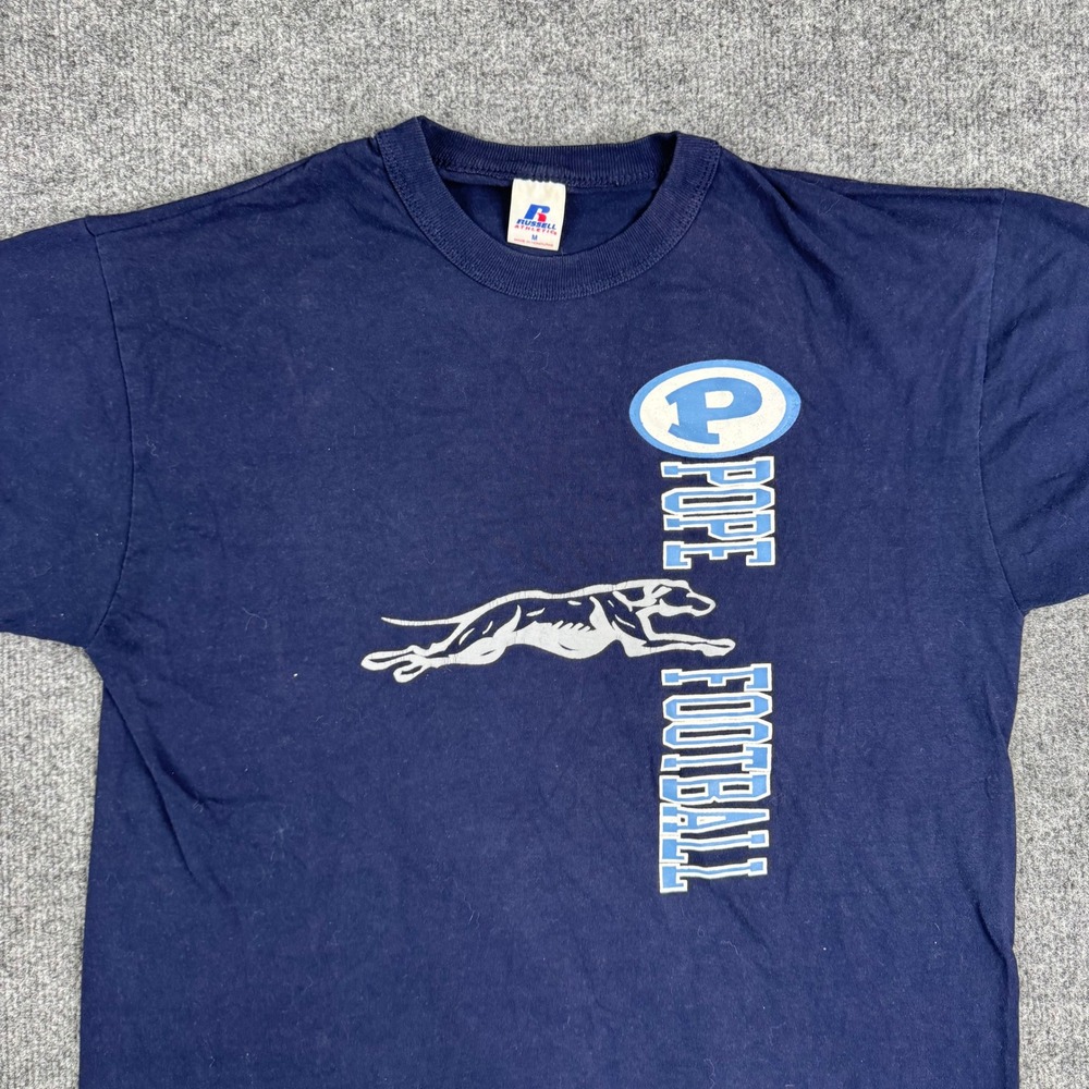 Russell Athletic T-Shirt Mens Size M Navy Blue Pope Football Graphic Mascot